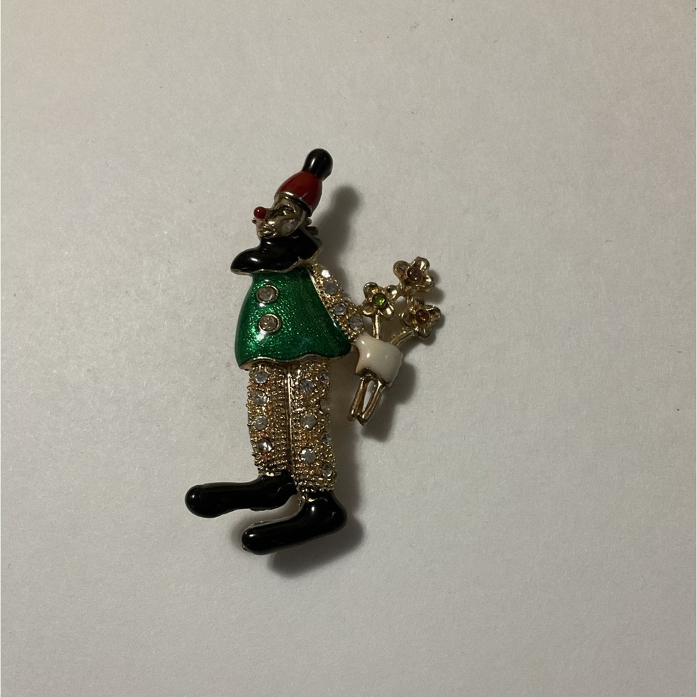 Colorful Rhinestone Clown with Flowers Vintage Lapel Pin Brooch Gold Tone